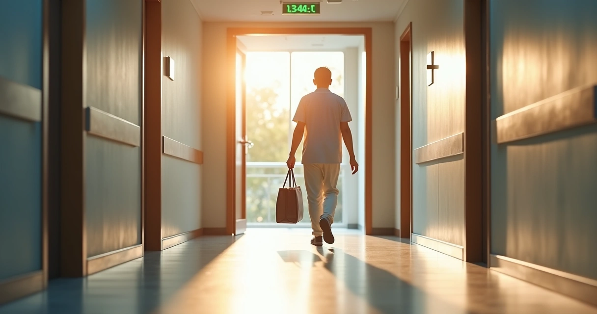 Pessoa caminhando feliz saindo de clínica após procedimento de varizes 