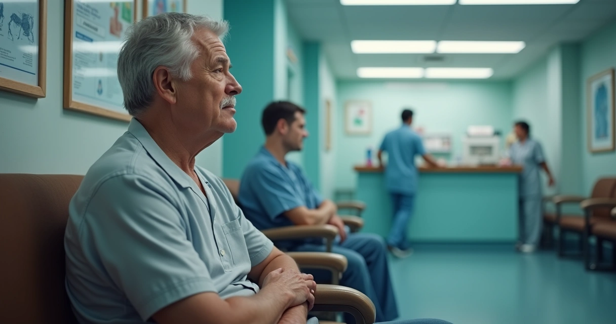 Paciente sentado em hospital aguardando tratamento 