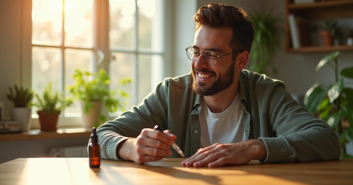 Paciente sorrindo ao lado de frasco de óleo de cannabis medicinal 