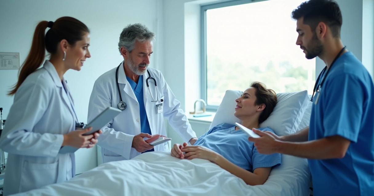 Paciente em leito hospitalar com médicos ao redor 