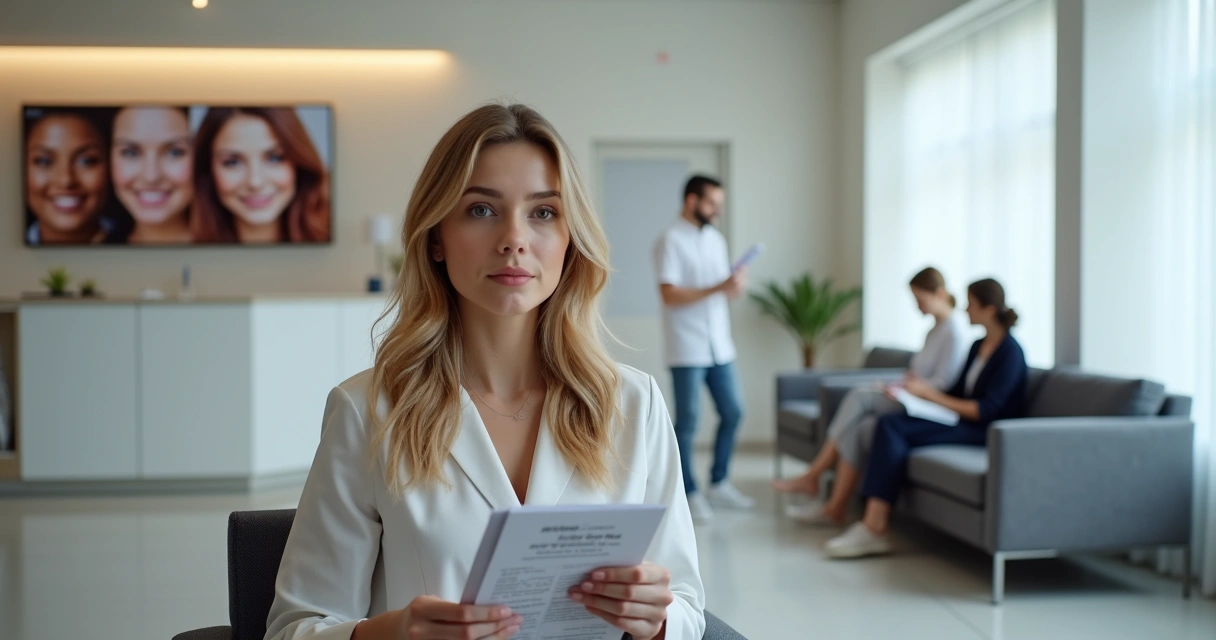 Mulher sentada em consultório médico esperando atendimento de cirurgia plástica.