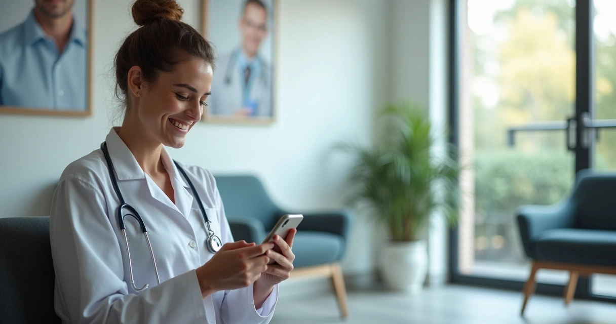 Paciente sorridente agendando consulta pelo celular sentado em sala de espera de clínica moderna 