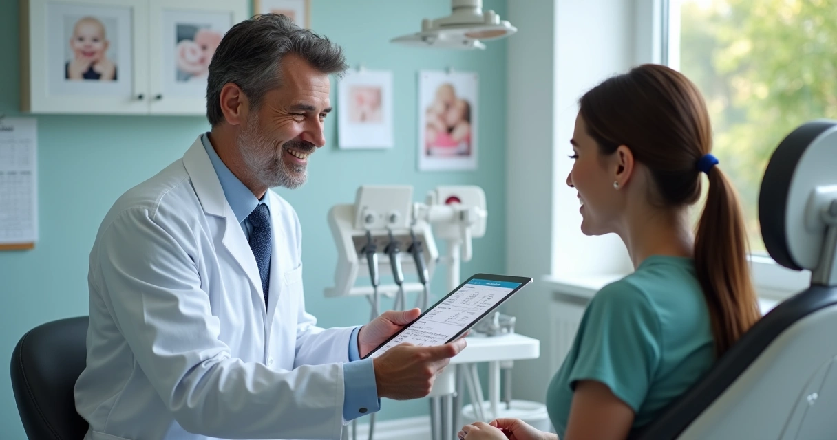 Dentista conversando cordialmente com paciente em consultório 