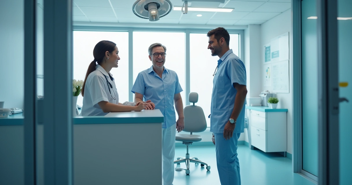 Equipe odontológica recebendo paciente para consulta inicial em ambiente moderno 