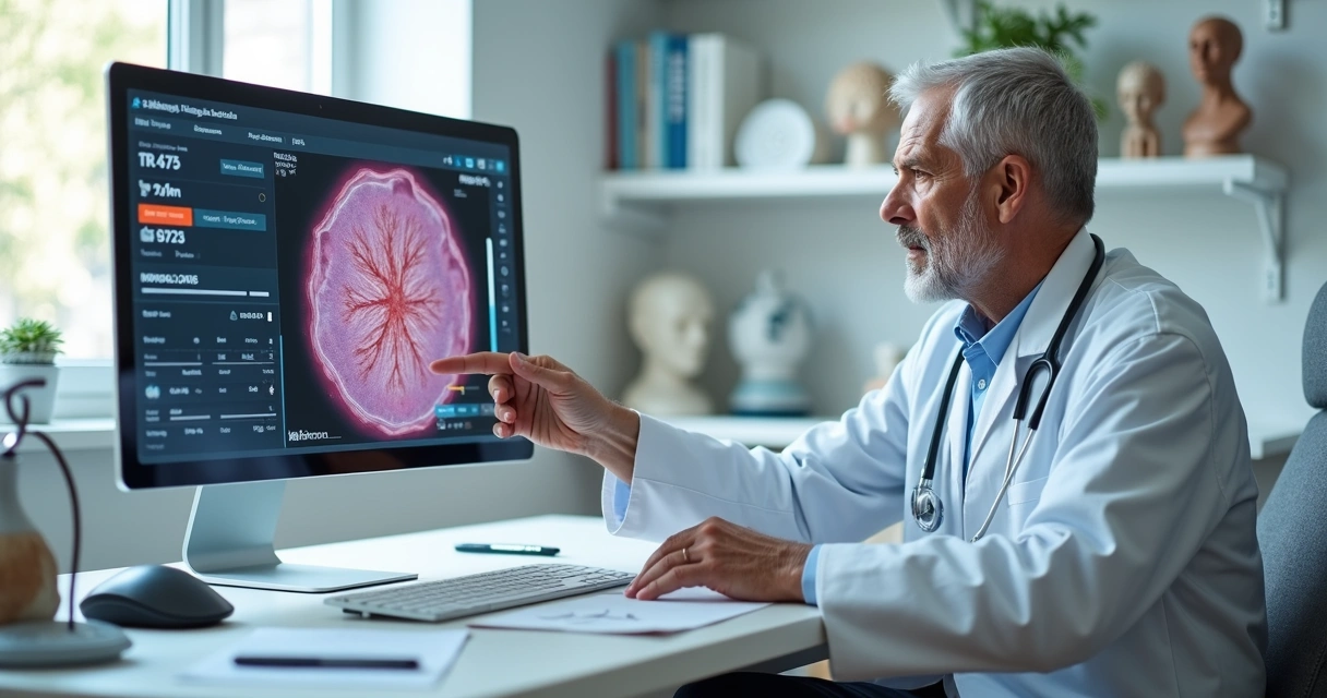 Paciente em consulta com hematologista avaliando possíveis sintomas iniciais de leucemia mieloide aguda 