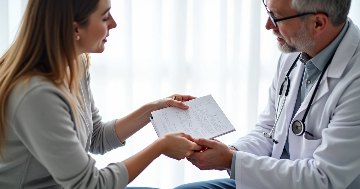 Paciente mostrando lista de medicamentos ao médico