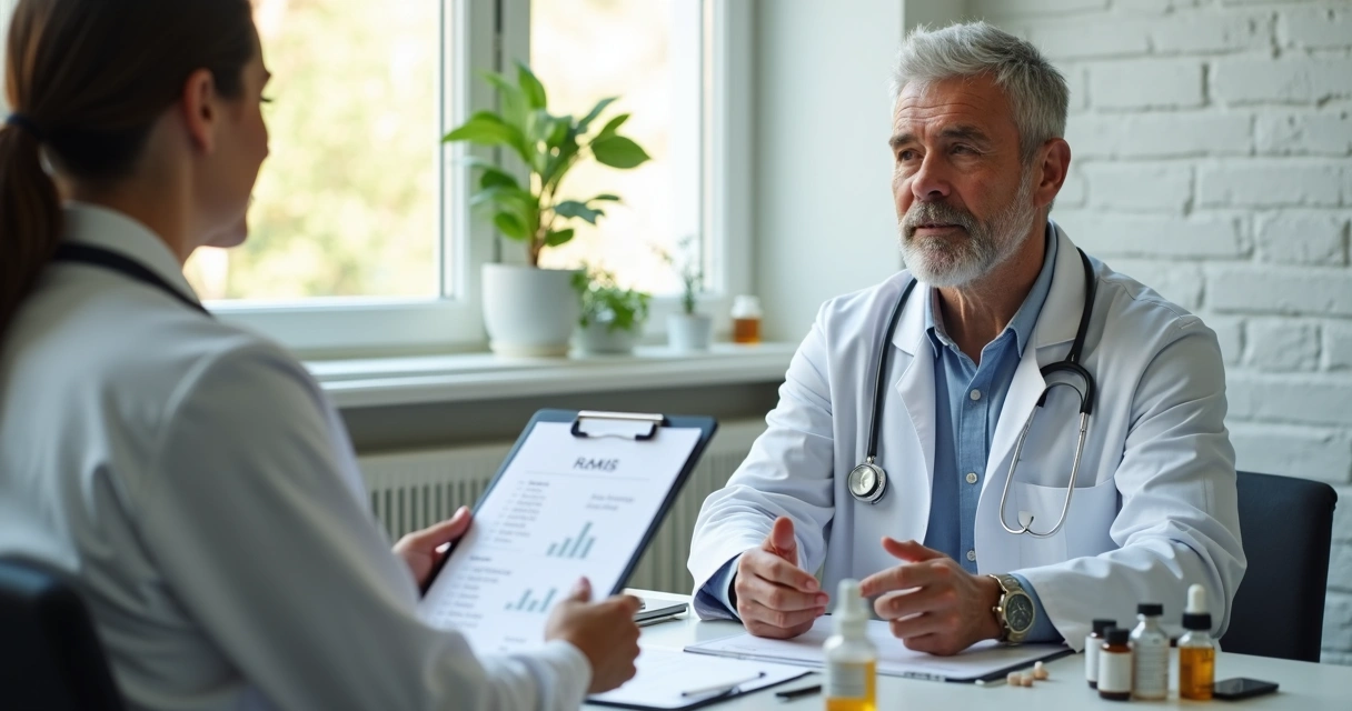 Paciente conversando com médico sobre medicamentos