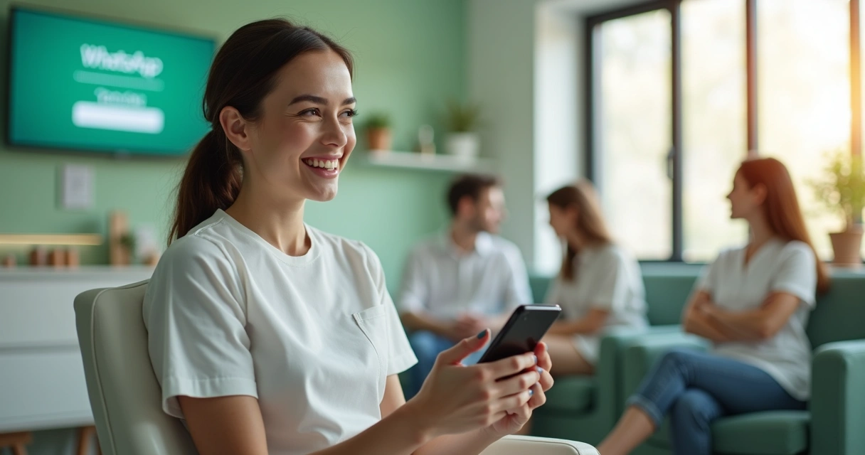 Paciente sorridente recebendo confirmação de consulta odontológica no celular 