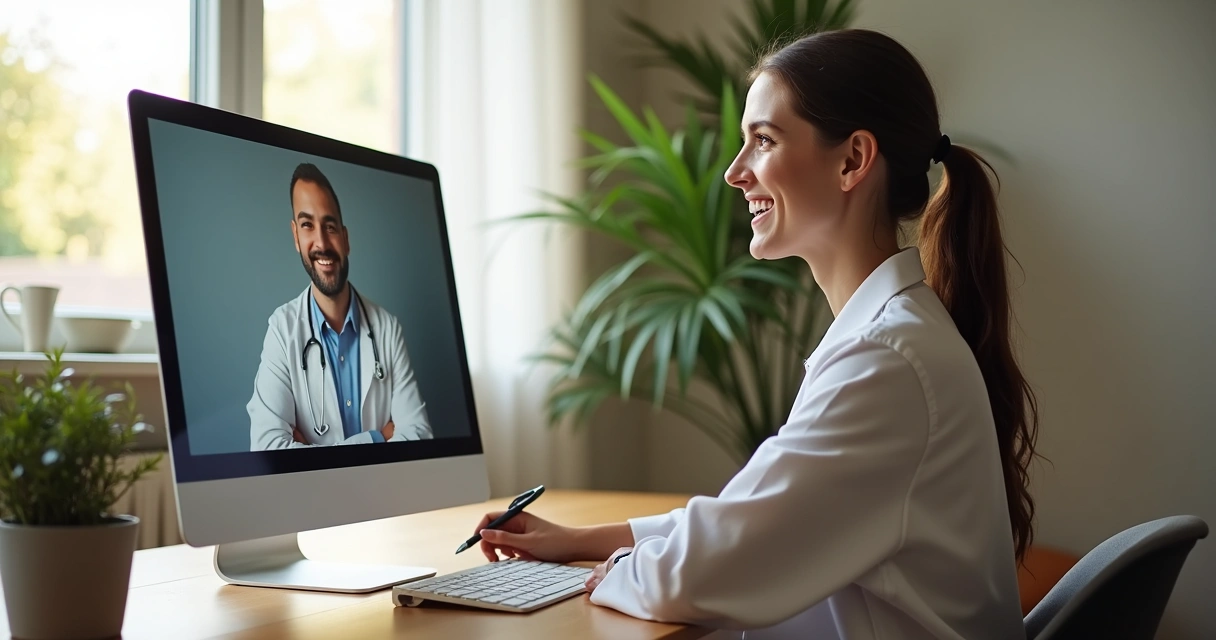 Mulher sorrindo em chamada de vídeo consulta online