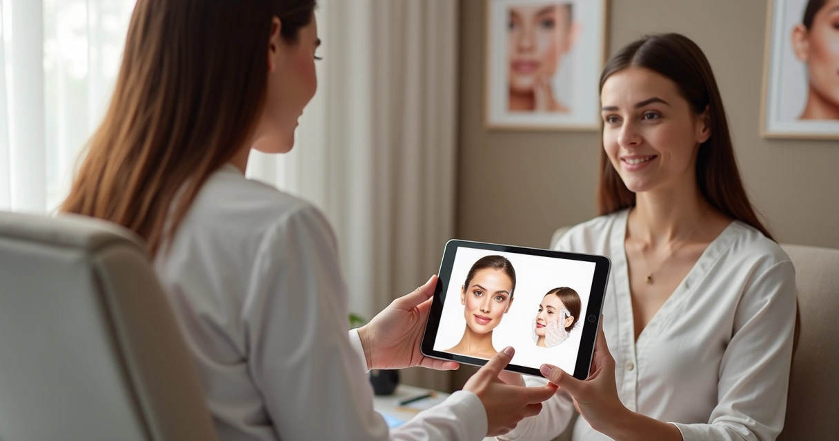Paciente conversando com profissional sobre preenchimento facial na clínica
