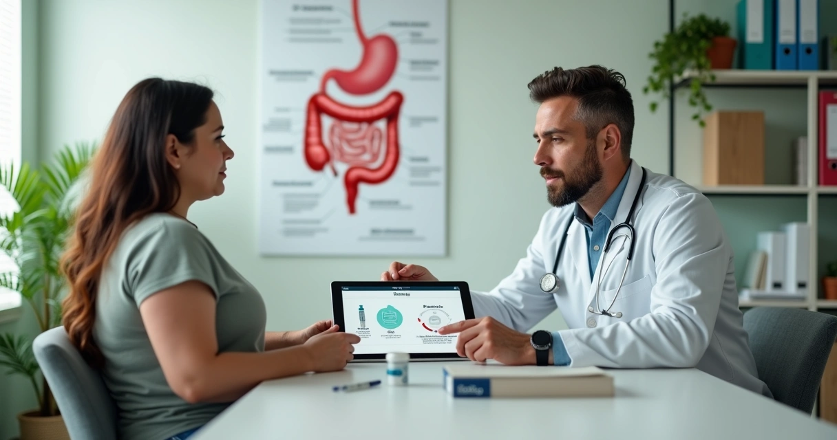 Médico explicando tratamento com tirzepatida para perda de peso a paciente com sobrepeso 