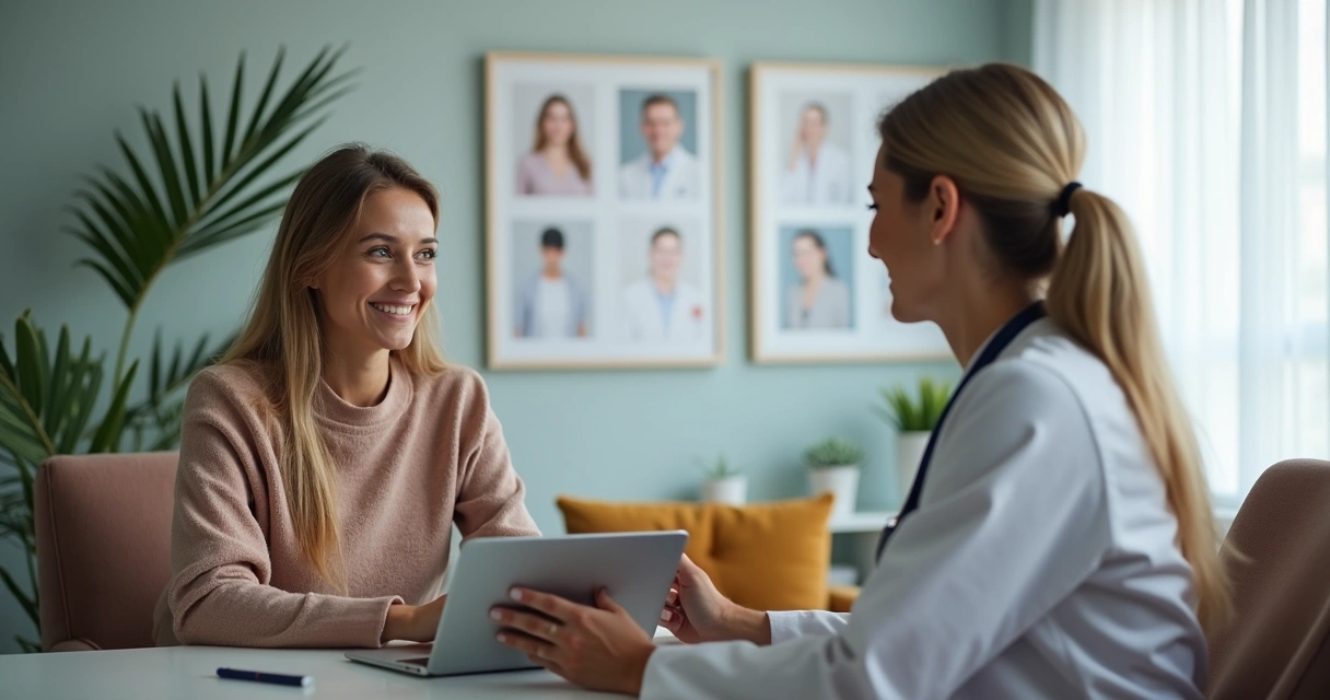 Paciente sendo atendido em clínica particular, médico sorrindo 