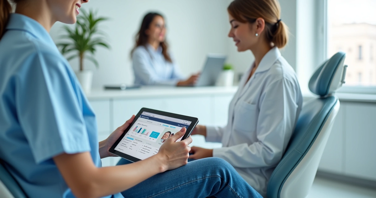 Paciente analisando seus dados em clínica odontológica 