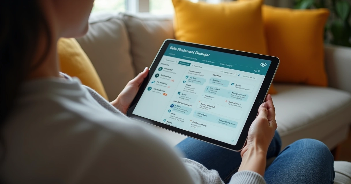 Paciente acessando histórico de consultas online no tablet 