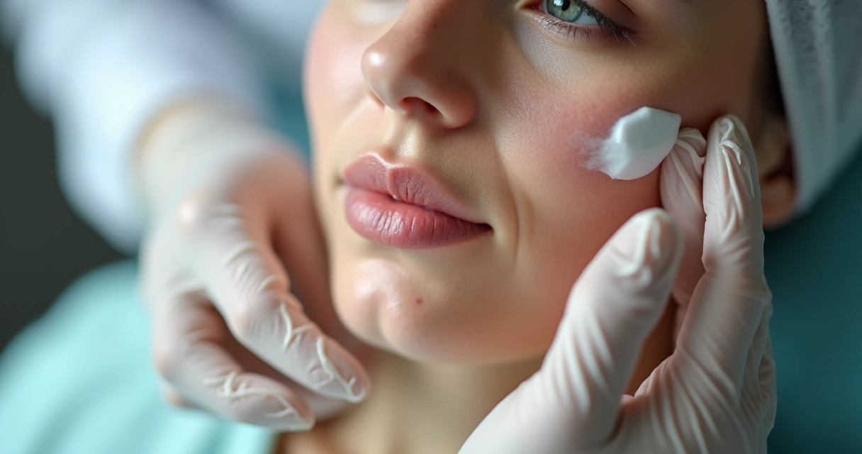 Mão de dermatologista aplicando creme pós-procedimento em pele de paciente 