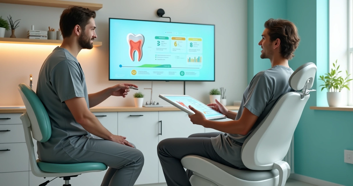 Dentista mostrando em tela digital o plano de tratamento para paciente em consultório moderno 