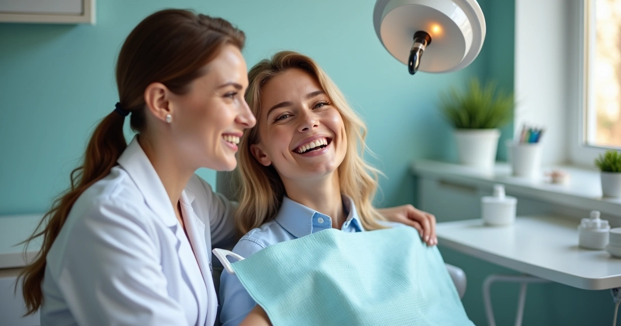 Microinfluenciadora faz selfie feliz ao lado de dentista durante atendimento, em consultório moderno 