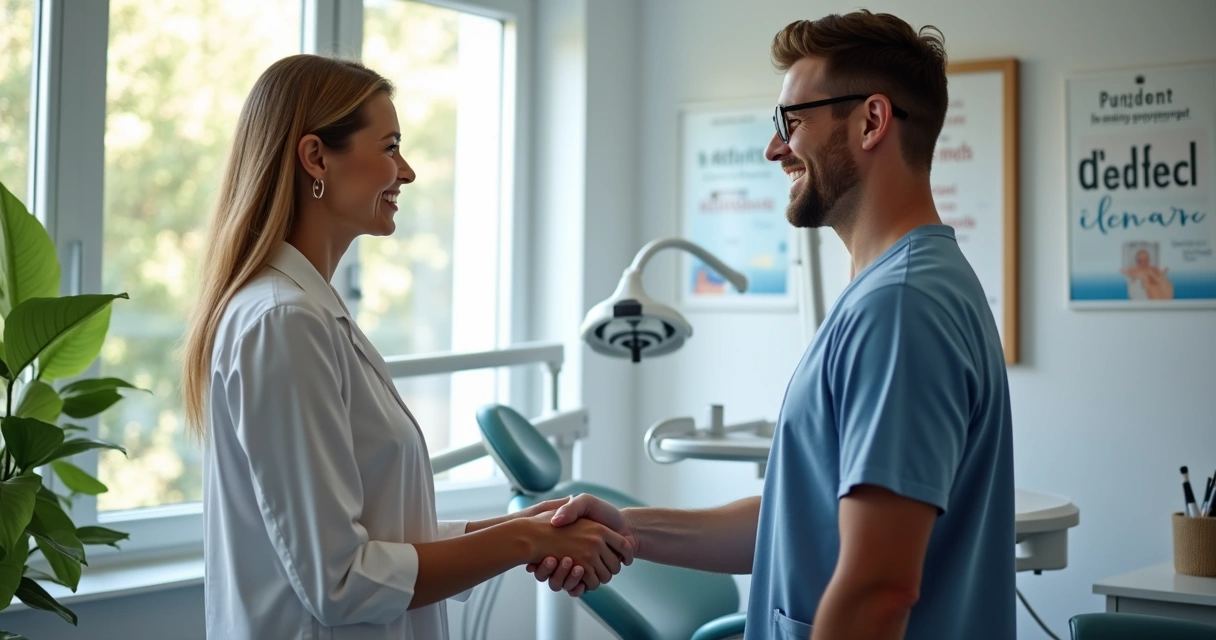 Paciente cumprimentando dentista após consulta bem-sucedida