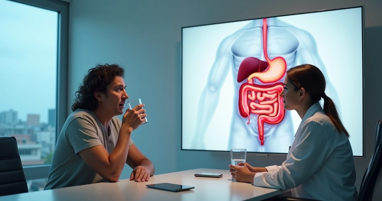 Paciente em consulta médica demonstrando dificuldade para engolir um copo de água 