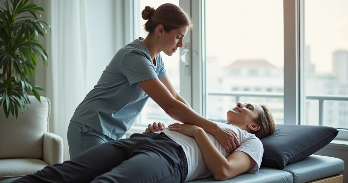 Paciente em reabilitação pós-discopatia com fisioterapeuta