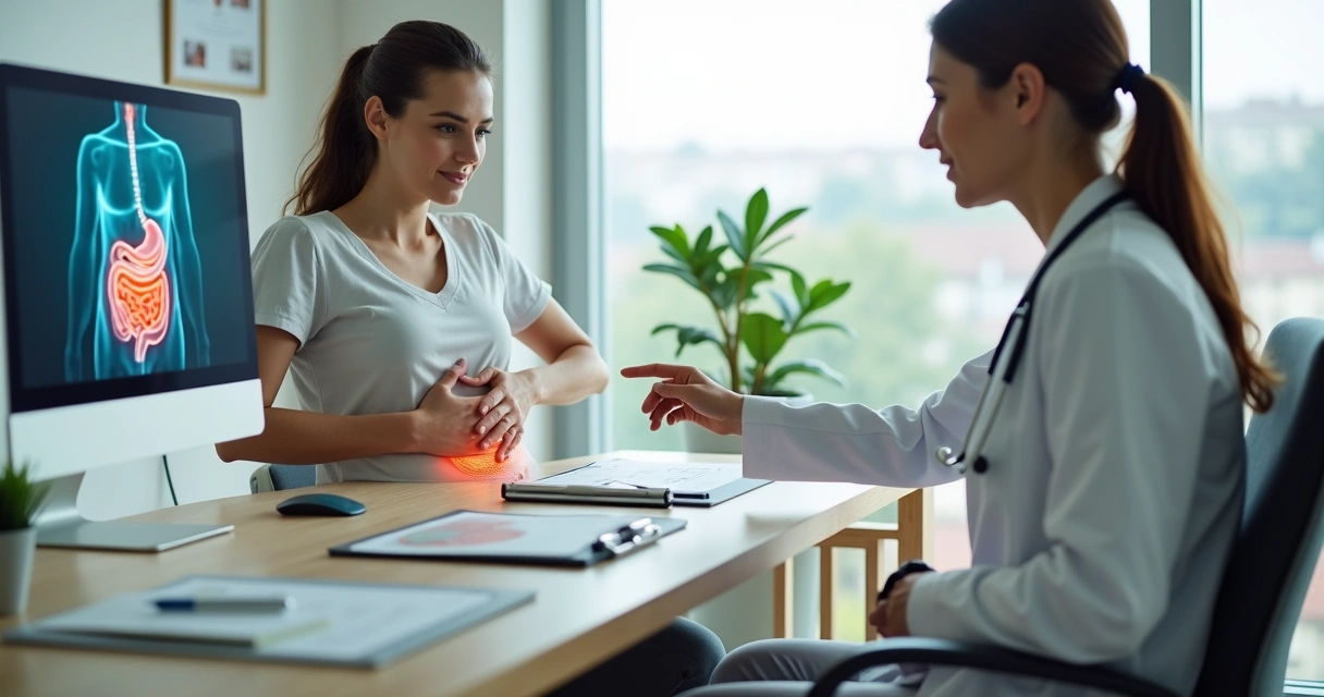 Adulto com dor abdominal conversando com cirurgiã em consultório moderno 