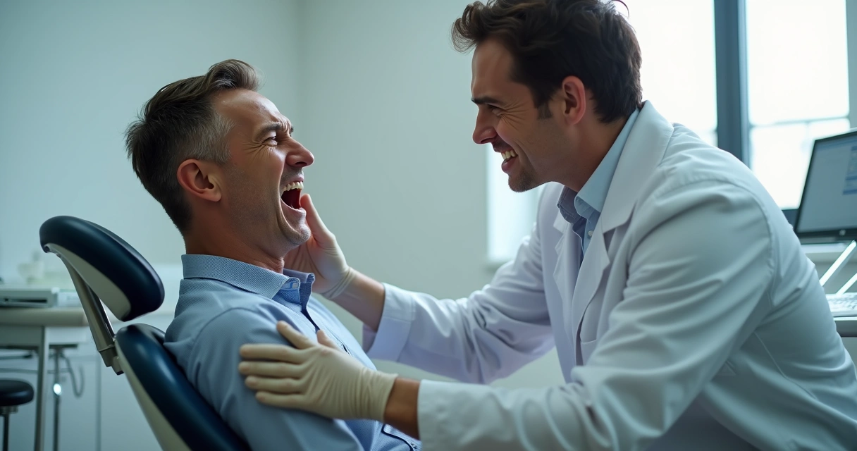 Paciente segurando o rosto com expressão de dor, sentado em uma cadeira de consultório 