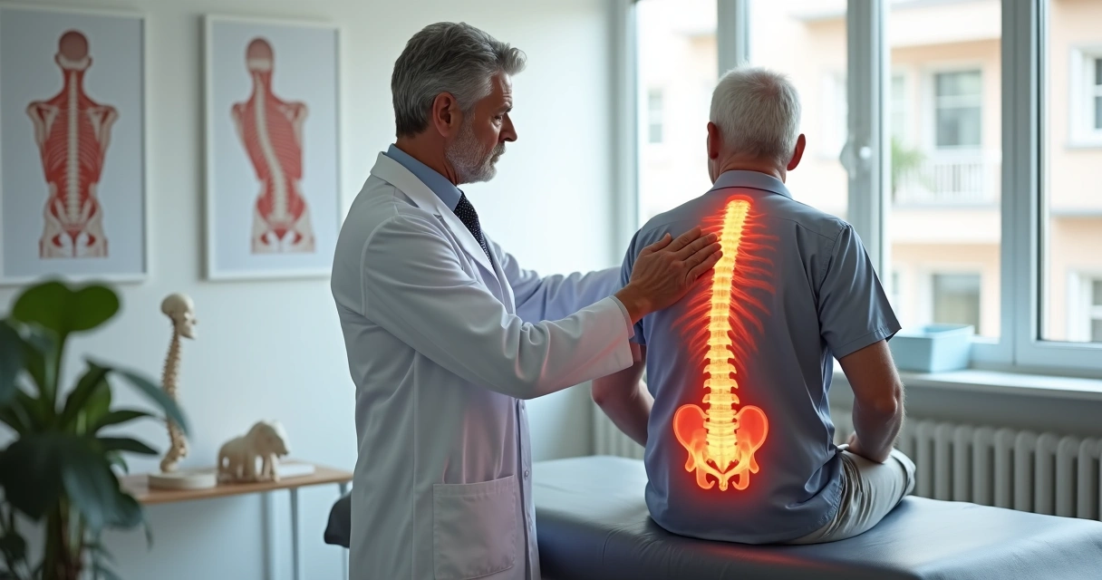 Paciente com dor lombar sendo examinado por ortopedista em consultório 