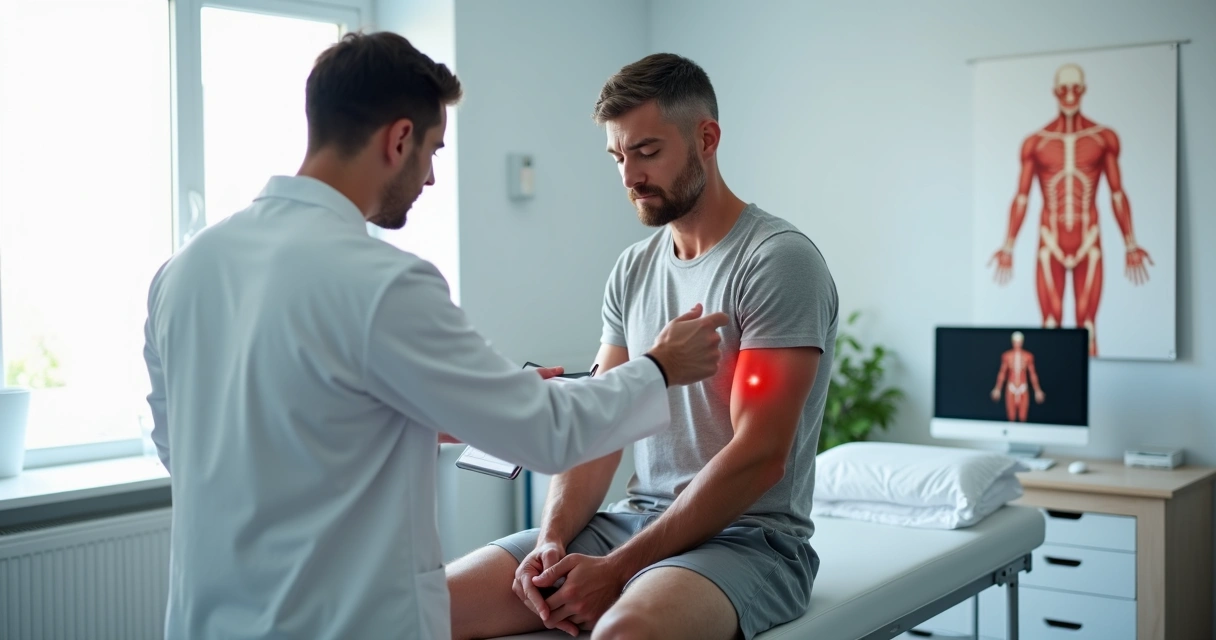 Médico examinando paciente com dor muscular no consultório 