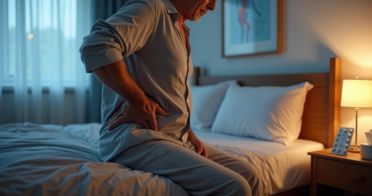 Adulto sentado na cama sentindo dor óssea e cansaço com lenços de resfriado ao lado 