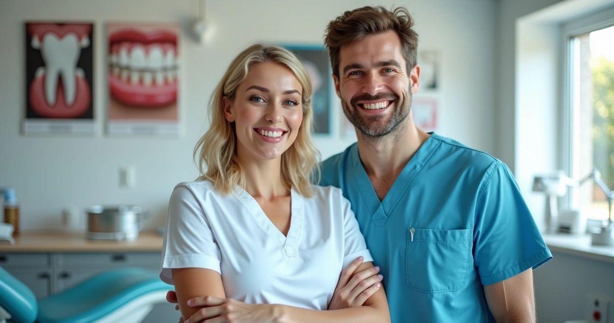 Paciente sorrindo ao lado de dentista em consultório