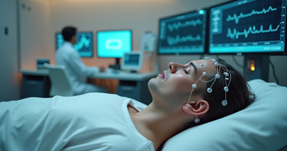 Paciente deitado em maca durante exame de EEG do sono em ambiente de laboratório do sono 