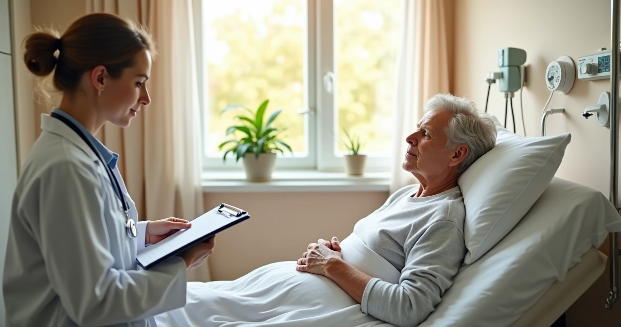 Paciente adulto recebendo atendimento humanizado em hospital, com médica ao lado explicando tratamento 