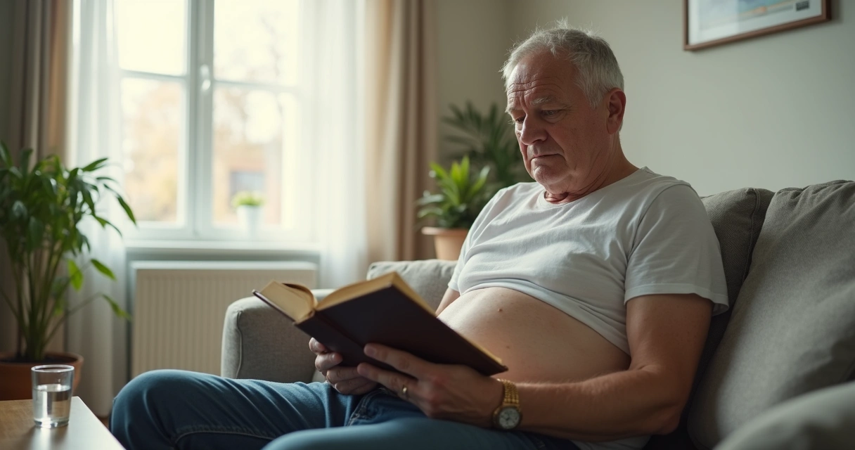 Paciente sentado em casa lendo, em recuperação pós-operatória