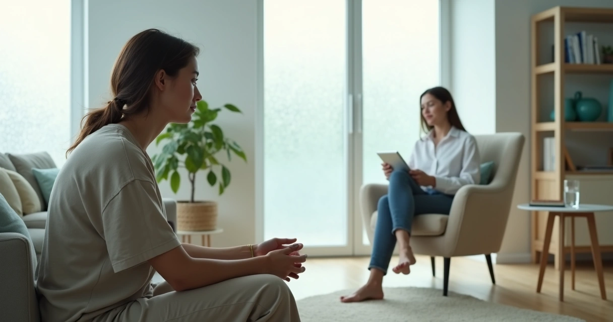 Pessoa em divã com terapeuta distraído em consultório claro 