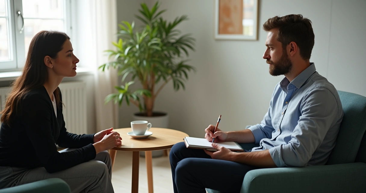 Paciente fazendo anotações em caderno durante sessão de terapia 
