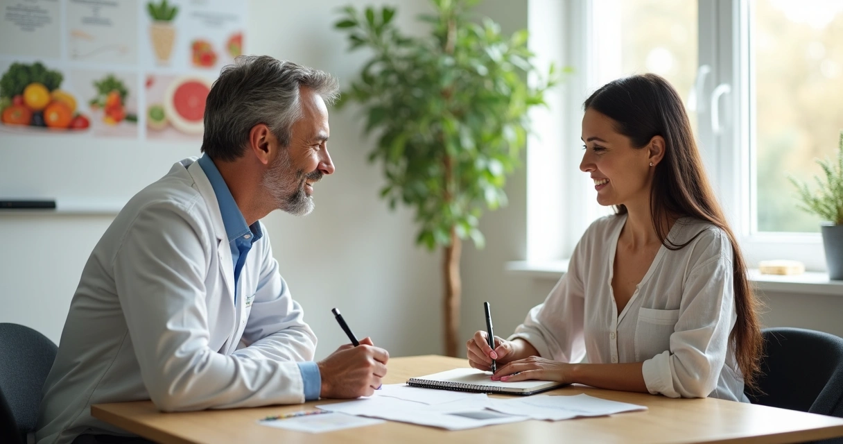 Paciente conversando com nutricionista, sentado à mesa com bloco de notas 