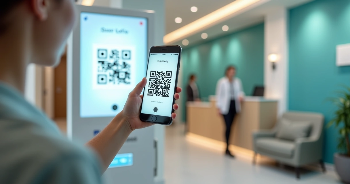 Paciente escaneando QR code em totem de autoatendimento na recepção de clínica odontológica moderna 
