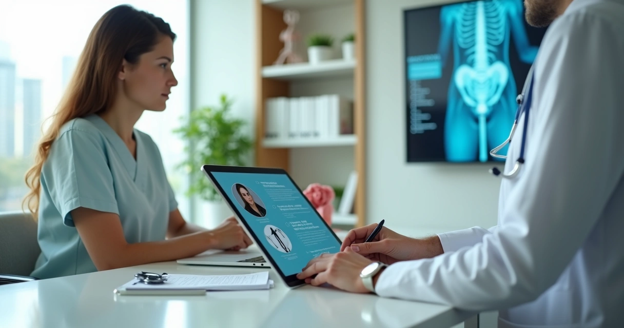 Paciente avalia credenciais de cirurgião ginecológico em tablet em consultório moderno 