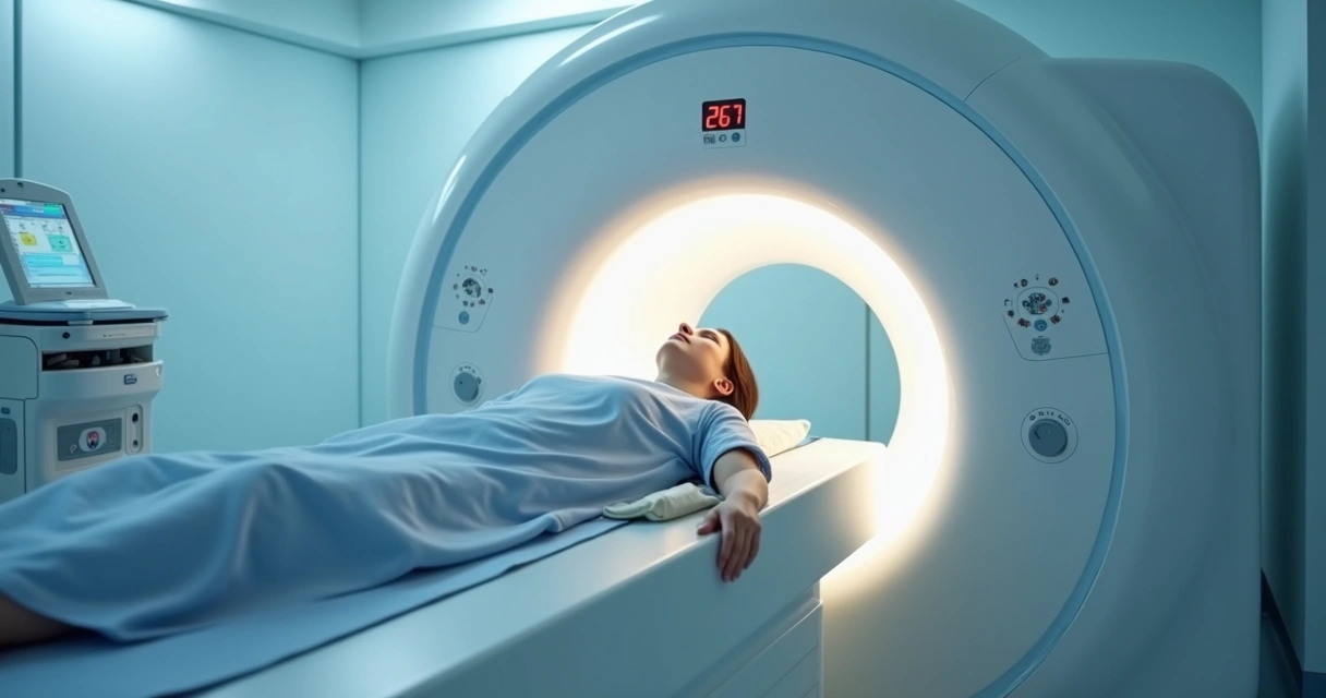 Paciente fazendo exame de PET-CT em ambiente hospitalar 