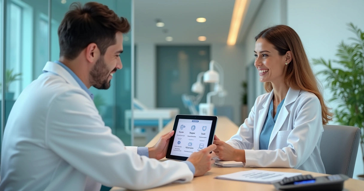 Dentista mostrando opções de pagamento para facetas de resina em tablet para paciente sorridente 