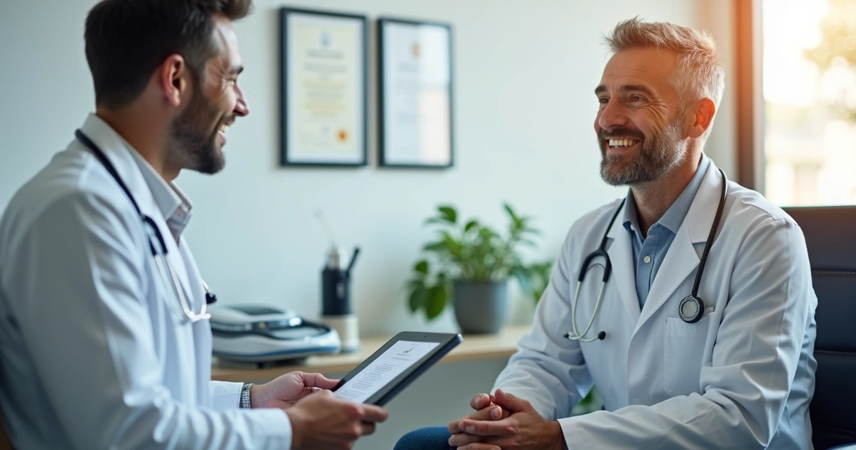 Paciente feliz acompanhado pelo especialista em consultório 