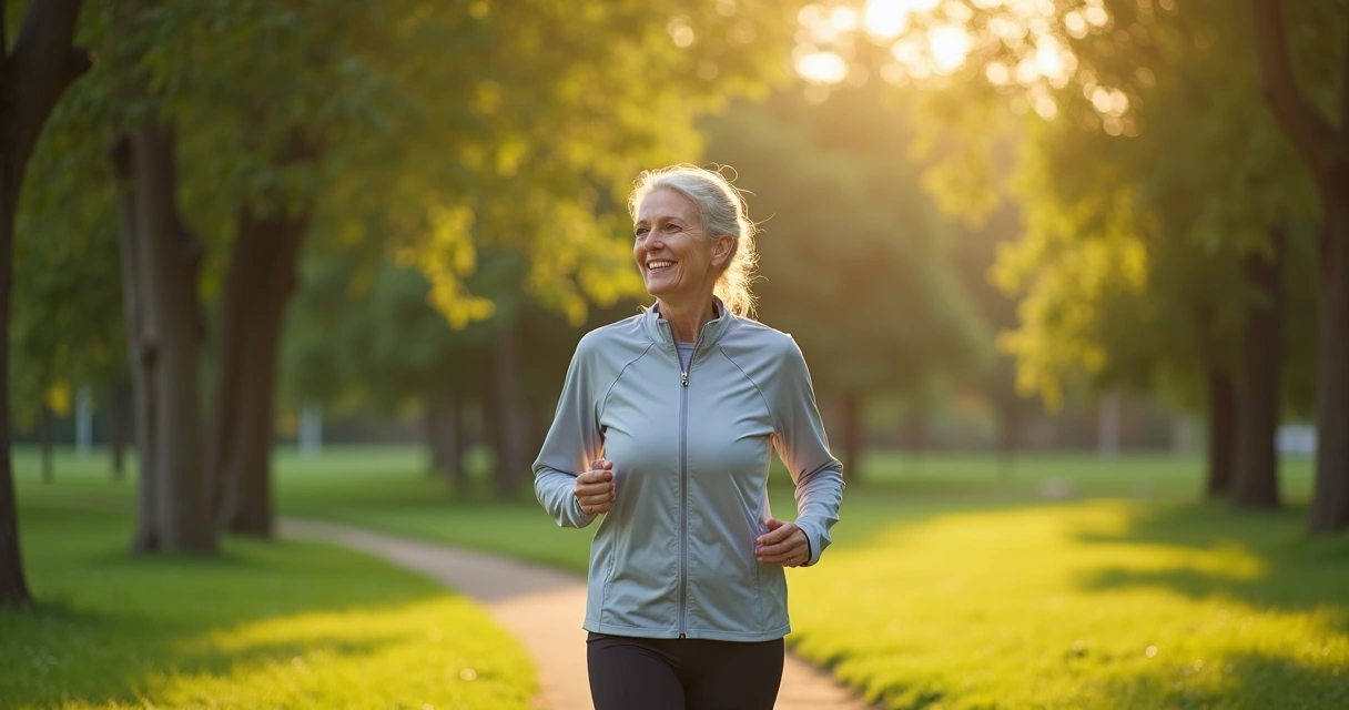 Mulher de meia idade caminhando feliz em parque ao amanhecer. Pode ser sinal do efeito do canabidiol na fibromialgia