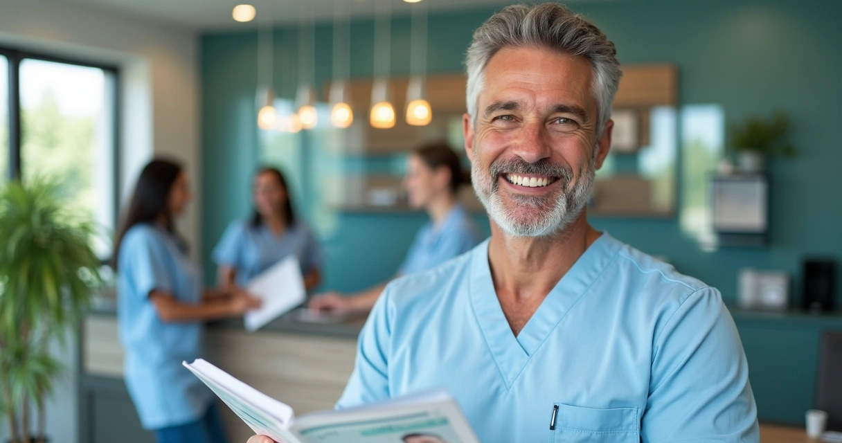 Paciente de meia idade sorrindo após procedimento de implante em clínica moderna 