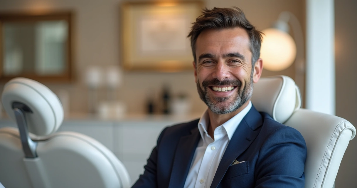 Paciente feliz sorrindo em clínica odontológica de alto padrão 