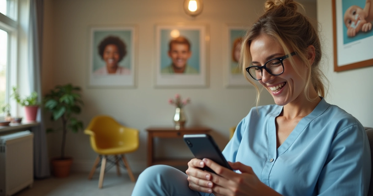 Paciente sorrindo recebendo follow-up de clínica odontológica 