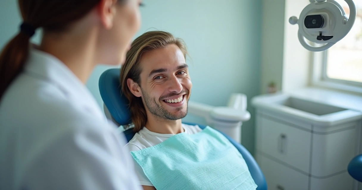 Paciente sorridente em clínica odontológica gravando depoimento