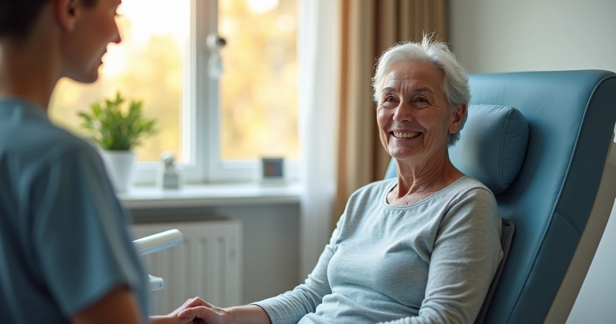 Paciente sorrindo após tratamento de onda de choque em clínica ortopédica 