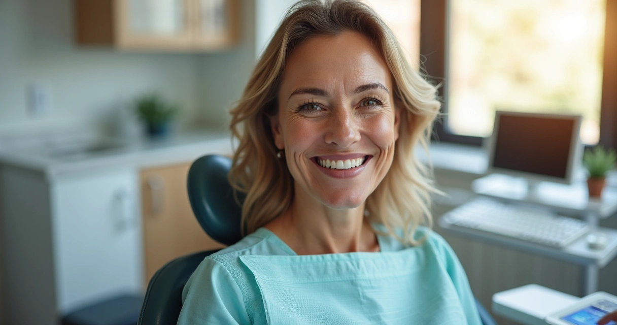 Paciente sorrindo após implante dentário 