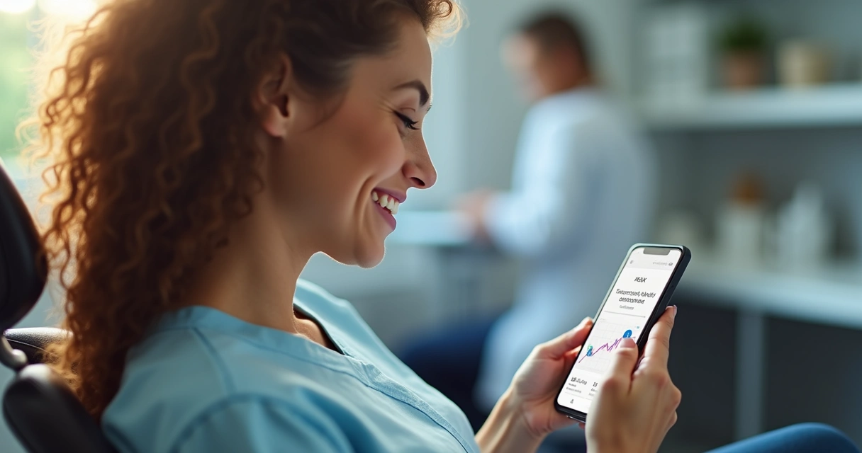 Paciente feliz após tratamento odontológico com resultado de marketing digital 