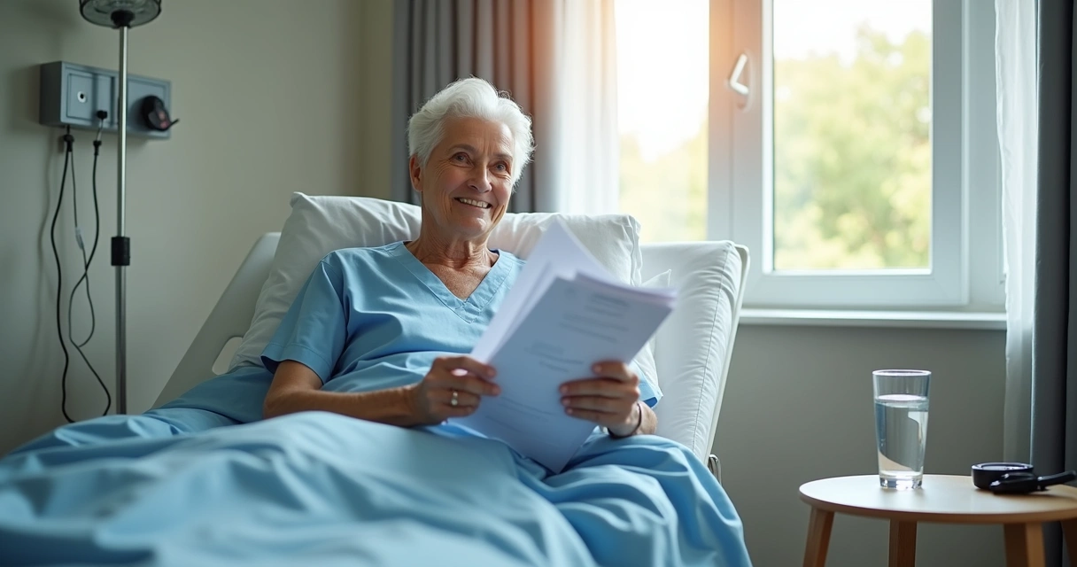 Paciente sorridente sentado ao lado da cama de hospital, segurando exames 